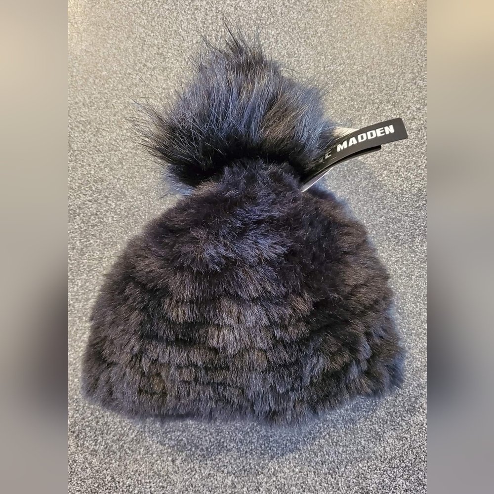 Steve Madden Black Faux Fur Pom-Pom Hat